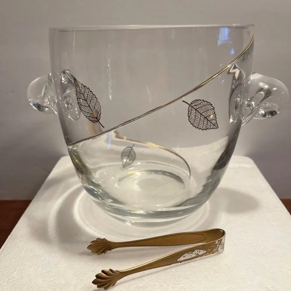 Vintage Crystal glass ice bucket gold Leaf design cocktail party